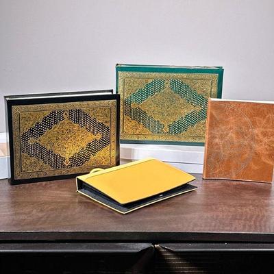(4pc) [NIB] TOOLED LEATHER PHOTO ALBUM & SCRAPBOOKS | Including two guilt to old leather scrapbooks from the Metropolitan Museum of...