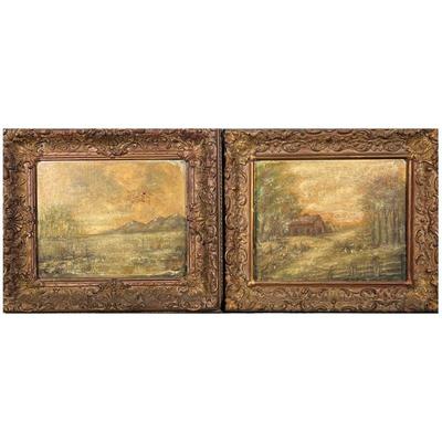 (2pc) PAIR LANDSCAPE OIL PAINTINGS | Pair of landscape oil paintings depicting houses and mountains in gilt frames, no apparent...