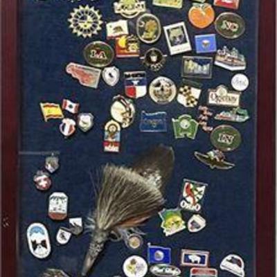 Lot 190  
State and Country Hat Pins, 80 + Framed
