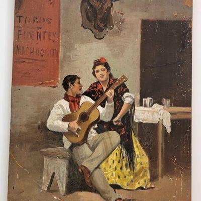 Vintage Oil Painting On Wood Signed On Bottom "La Seranada" No Frame