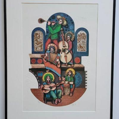 Signed , Limited Edition By AMRAM EBGI " The 5 Musician " Colored Embossed Foil.