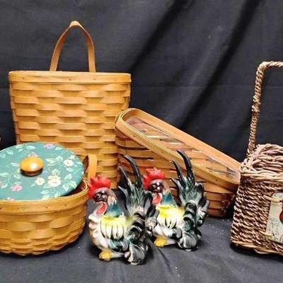 Ct148 longaberger baskets fern rooster figurines, woven utensil basket