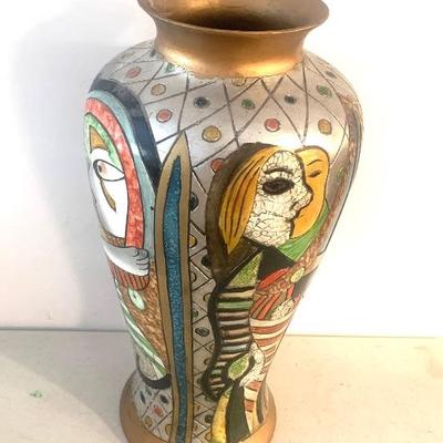 Alexander Kalifano 18” carved and enameled Picasso style pottery vase