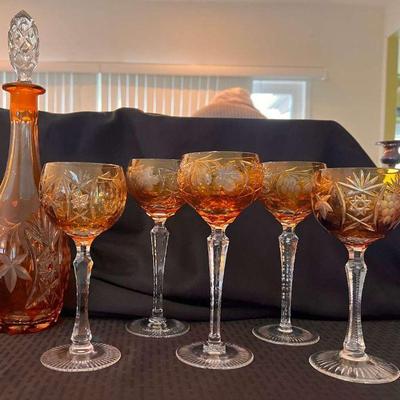 Ga106 vintage amber crystal wine goblets and decanter