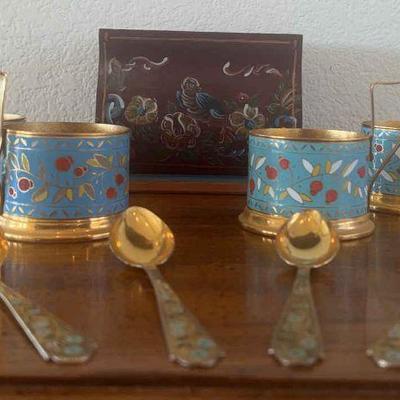 Ga163v vintage russian tea glass enamel cup holders