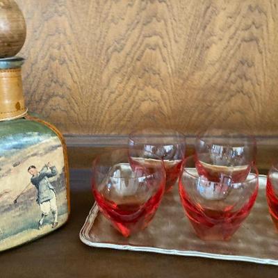 Ga155 noymez leather decanter and vintage glassware