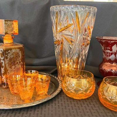 Ga117 vintage amber crystal and etched glass