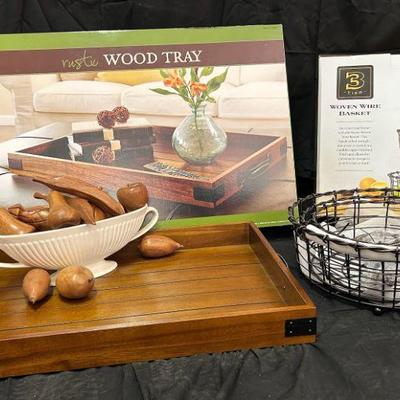 Ga168 rustic wood tray and wire woven basket and more)