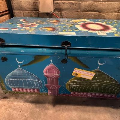 Vintage middle easter painted metal travel trunk