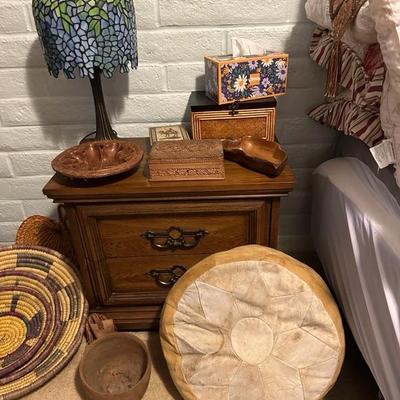 Mid Century side tables, stained glass, baskets