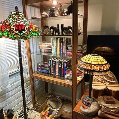 Stained glass lamps, bookshelves, display cases