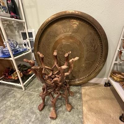 Brass tray with wood base (collapses)