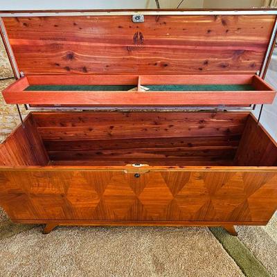 MCM "LANE" Walnut Cedar Chest With Inlaid Diamond Pattern.