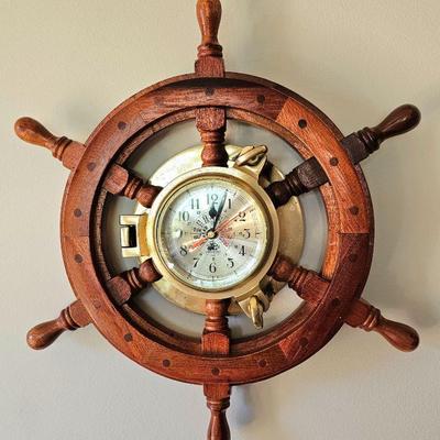 Wood & Brass Porthole Ship Wheel Wall Clock.