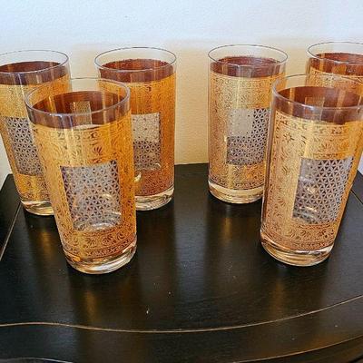 Set Of 6 Pasinski 22K Gold Kashmir Pattern Highball Glasses.