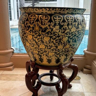 Large porcelain, handpainted, planters, and fishbowls