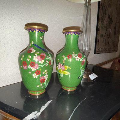 Hand painted copper urns. Cloisonné.