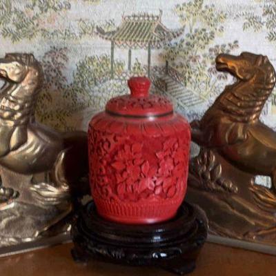 Cinnabar lidded jar brass rear horse book ends