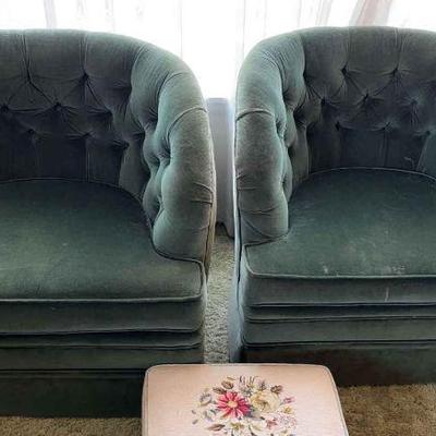 Green velvet barrel chairs