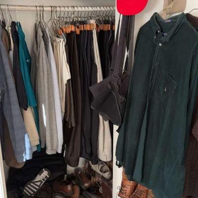 Closet full of clothing shoes