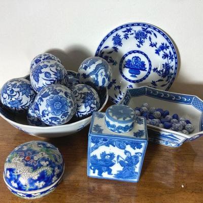Blue and white asian pottery
