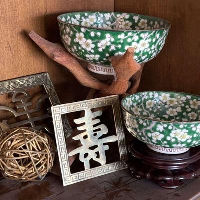 Chinese green cherry blossom footed bowls