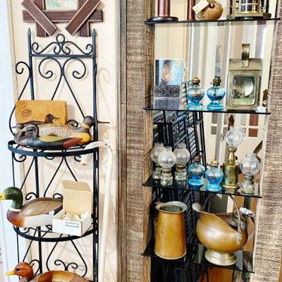 Wooden and Porcelain Ducks, Antique Brass porter lamps, Vintage mini and full size hurricane lamps