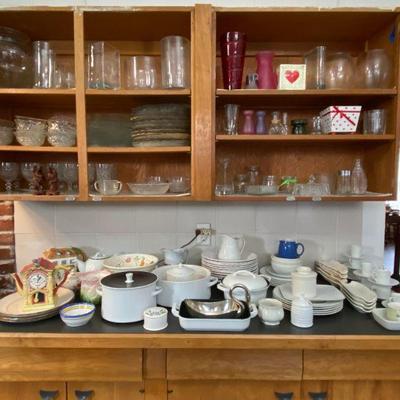 Collection of glassware, serving pieces including Colorcast enamelware pieces #2 and #9