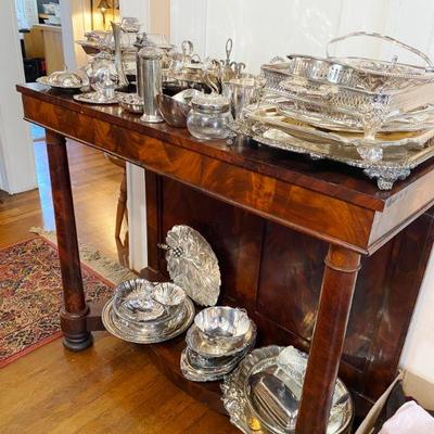 large collection of silverplate serving pieces