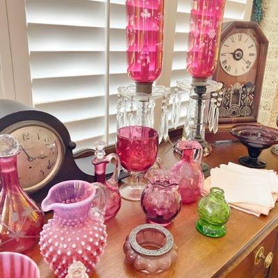 cranberry glass and thumb print glassware and candlesticks