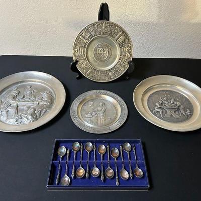 Mb214v vintage german pewter collector plates and spoons