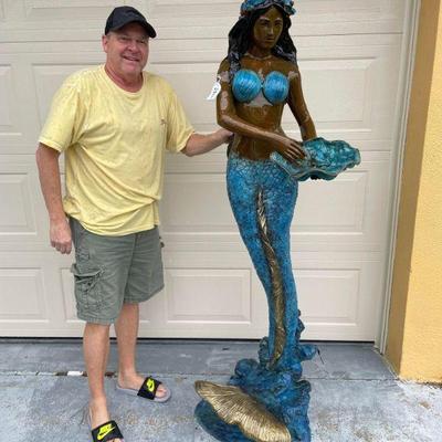 bronze mermaid w/shell sculpture/fountain