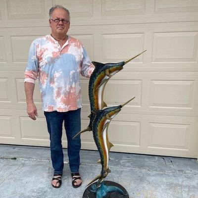 bronze double swordfish sculpture/fountain