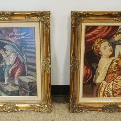 1093	VINTAGE FRAMED NEEDLEPOINTS, IMAGES OF CHILDREN UNDER UMBRELLA & YOUNG WOMAN, EACH APPROXIMATELY 23 IN X 28 IN
