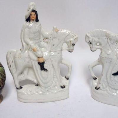 1047	PAIR OF STAFFORDSHIRE FIGURES OF MAN RIDING HORSE, EACH APPROXIMATELY 11 1/2 IN HIGH & ANTIQE MAJOLICA TOBY PITCHER
