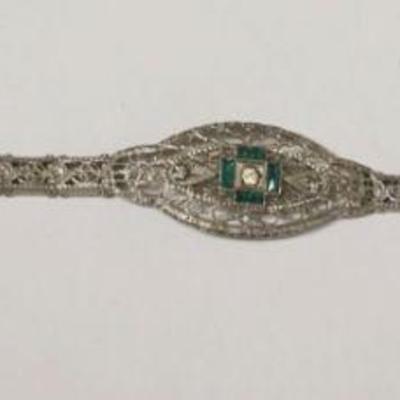 1182	VINTAGE SILVER BRACELET WITH GREEN & PALE LAVENDER STONES MARKED MK, APPROXIMATELY 7 IN L

