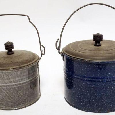 1060	2 MINIATURE BLUE & GRAY AGATE COVERED PAILS, LARGEST APPROXIMATELY 6 IN HIGH
