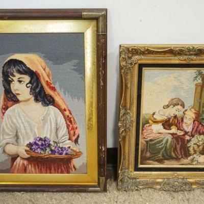 1091	VINTAGE FRAMED NEEDLEPOINTS, IMAGES OF MAN & WOMAN & YOUNG GIRL, LARGEST APPROXIMATELY 22 IN X 29 IN
