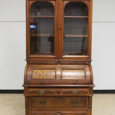 1119	WALNUT VICTORIAN CYLINDER SECRETARY W/BURLED WOOD PANELED SIDES & DRAWER FRONTS, DESK RIGHT CORNER IN NEED OF REPAIR W/LOSS,...