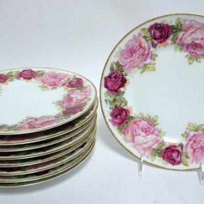 1021	LIMOGES PLATES HIGGENS & SEITER 9-9 3/4 IN PLATES W/FIGURAL ROSE BORDER & GILT EDGE, L BONARDVAD & CO
