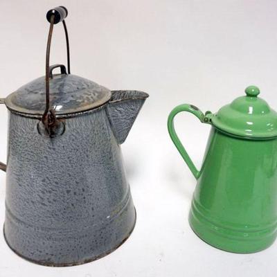 1062	AGATE & GREEN ENAMEL COFFEE POTS, LARGEST APPROXIMATELY 12 IN
