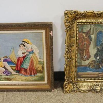1092	VINTAGE FRAMED NEEDLEPOINTS, IMAGES OF HORSES & MAN PLAYING MUSIC TO YOUNG WOMEN, LARGEST APPROXIMATELY 25 IN X 22 IN
