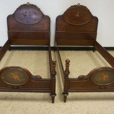 1138	BERKEY & GAY PAIR OF SINGLE BEDS W/MEDALION FLORAL PAINT DECORATED HEADBOARD & FOOT BOARD, CARVED CREST AT HEADBOARD TOP,...