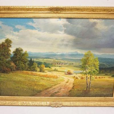 1076	OIL PAINTING ON CANVAS RURAL COUNTRYSIDE W/VILLAGE IN DISTANCE, ARTIST SIGNED, APROXIMATELY 42 IN X 30 IN OVERALL
