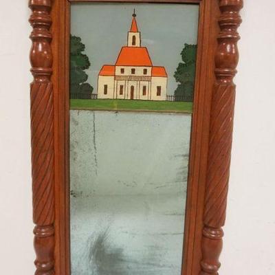 1079	ANTIQUE MAHOGANY FEDERAL MIRROR W/REVERSE PAINTED GLASS IMAGE OF SCHOOL HOUSE, APPROXIMATELY 15 IN X 28 IN
