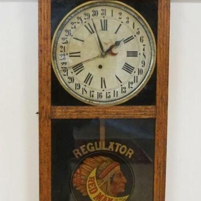 1096	INGRAHAM OAK CASE CALENDAR CLOCK REGULATOR W/REDMAN TOBACCO ADVERTISEMENT, APPROXIMATELY 5 IN X 17 IN X 39 IN
