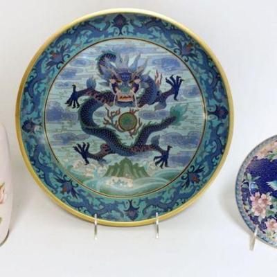 1042	3 PIECE GROUP OF CLOISONNE INCLUDING LARGE 13 IN BOWL W/IMAGE OF DRAGON
