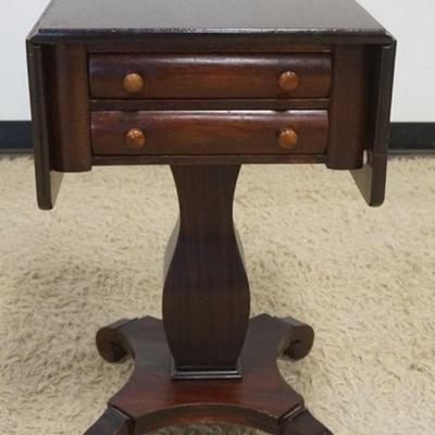 1128	MAHOGANY EMPIRE STYLE DROP SIDE STAND, 2 DRAWER, APPROXIMATELY 17 IN X 18 IN X 28 IN HIGH
