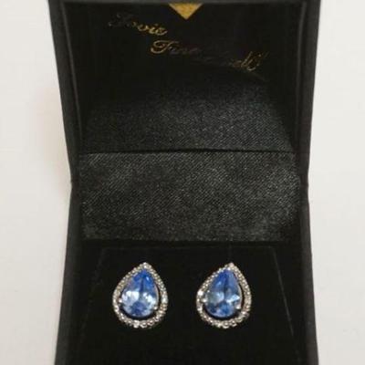 1169	14K WHITE GOLD AQUAMARINE AND DIAMOND CHIP STUD EARRINGS, 1.82 DWT INCLUDING STONES. STONE MEASURES APPROXIMATELY 5/16 IN L
