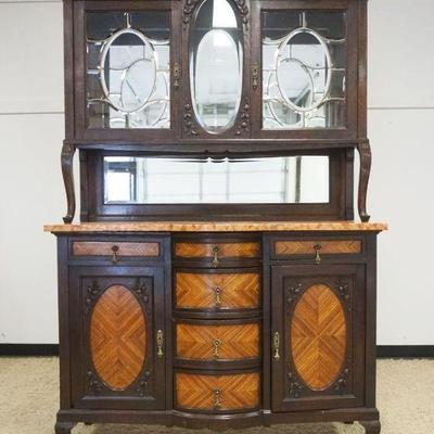 1120	2 PART MARBLE TOP SIDEBOARD W/APPLIED CARVINGS & BEVELED GLASS MEDALION DOORS, BEVELED GLASS MIRROR, APPROXIMATELY 56 IN X 22 IN...
